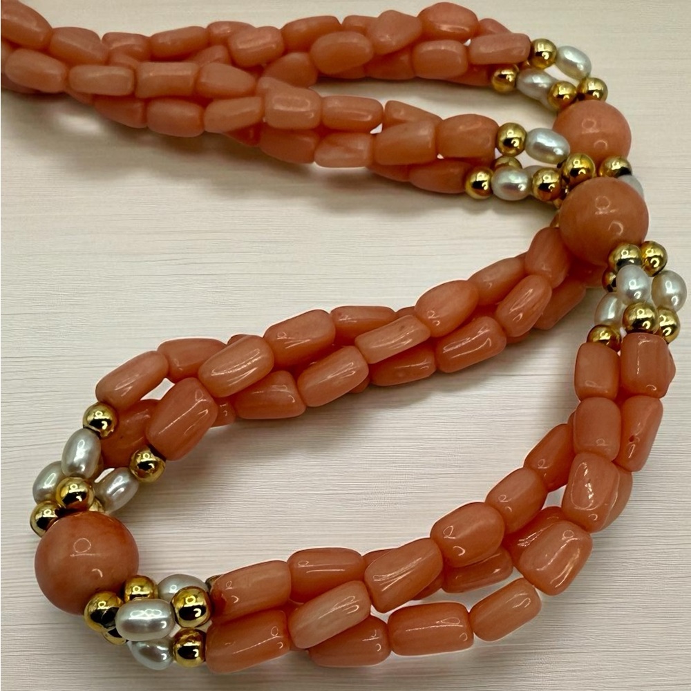 Vintage Angel Skin Coral & Freshwater Pearl 18” 3 Strand Twist Bead Gold Accents - Picture 7 of 17